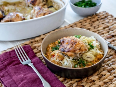 Póréhagymás csirkecomb vöröslencsepürével